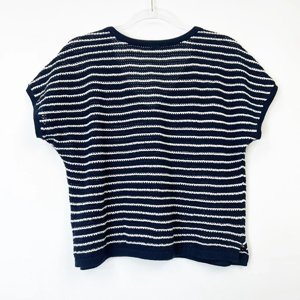 Pact Cotton Crochet Knit Top Women's Large Blue White Stripe Short Sleeve